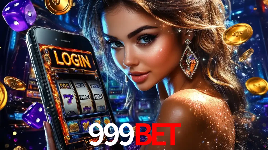 Mulher glamorosa segurando um smartphone com a tela de login para os jogos de caça-níqueis do cassino online 999bet, com moedas de ouro e dados ao redor.