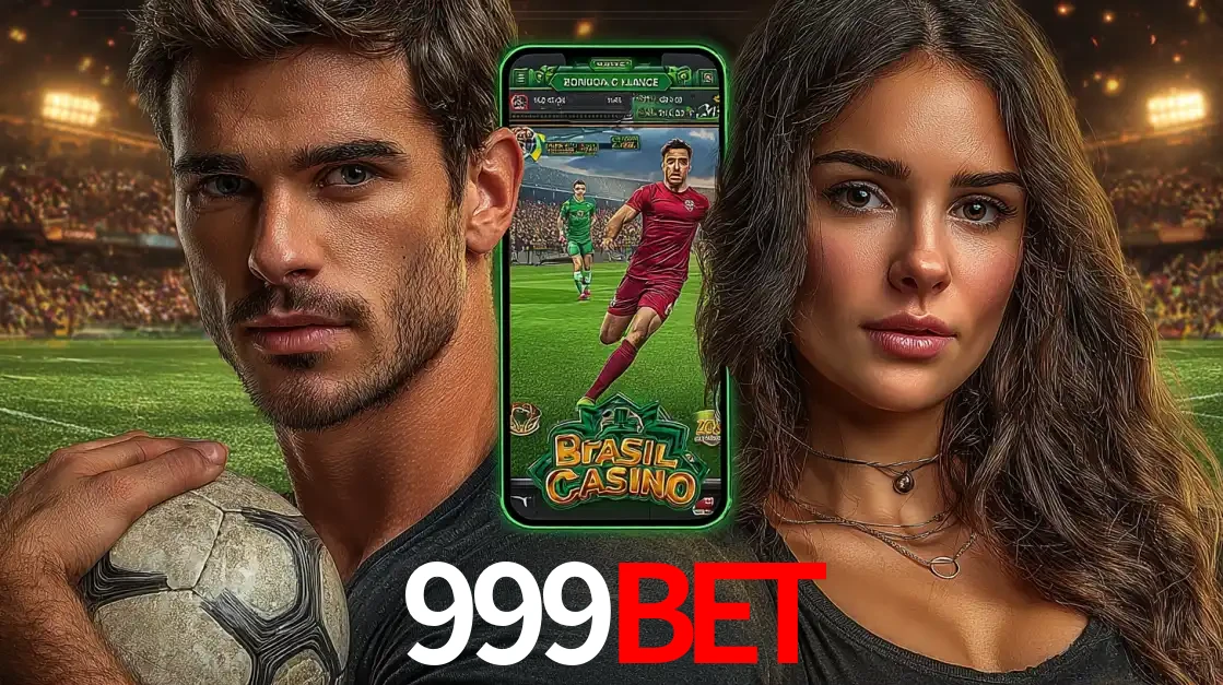Homem segurando uma bola de futebol e uma mulher ao lado de um smartphone exibindo o jogo de apostas esportivas da 999bet. Faça seu palpite no cassino online.